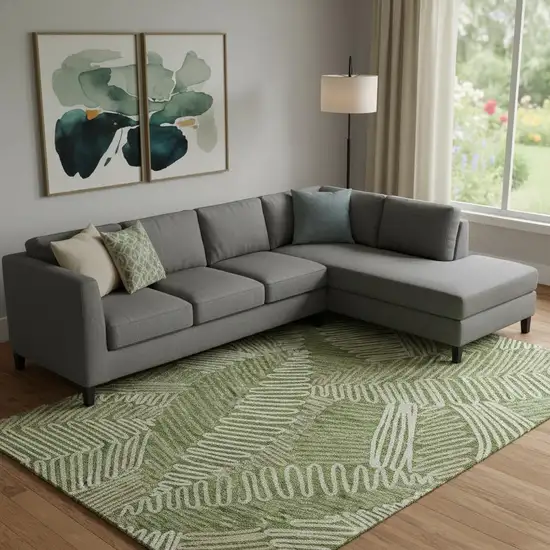 Olive Green Ivory And Beige Floral Washable Area Rug With UV Protection Photo 1