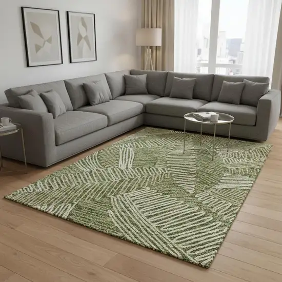 Olive Green Ivory And Beige Floral Washable Area Rug With UV Protection Photo 2