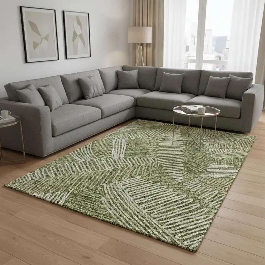 Olive Green Ivory And Beige Floral Washable Area Rug With UV Protection Photo 2