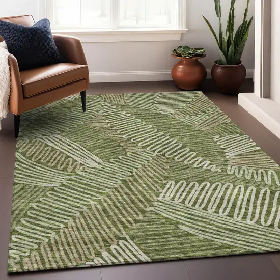 Olive Green Ivory And Beige Floral Washable Area Rug With UV Protection Photo 5