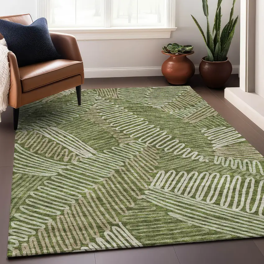 Olive Green Ivory And Beige Floral Washable Area Rug With UV Protection Photo 5