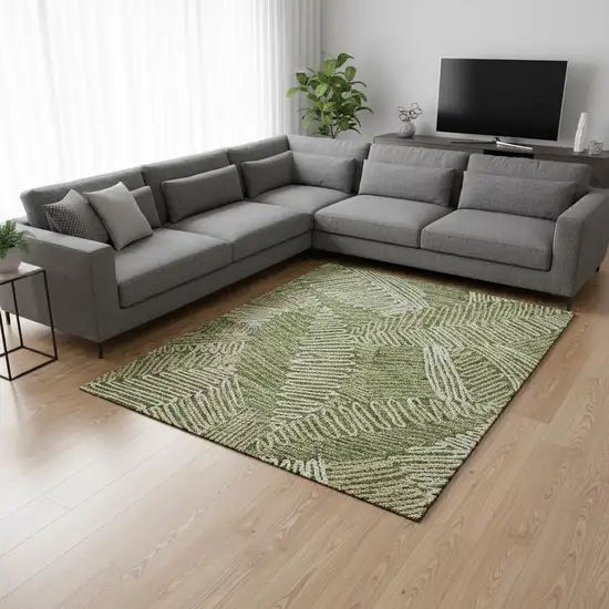 Olive Green Ivory And Beige Floral Washable Area Rug With UV Protection Photo 2