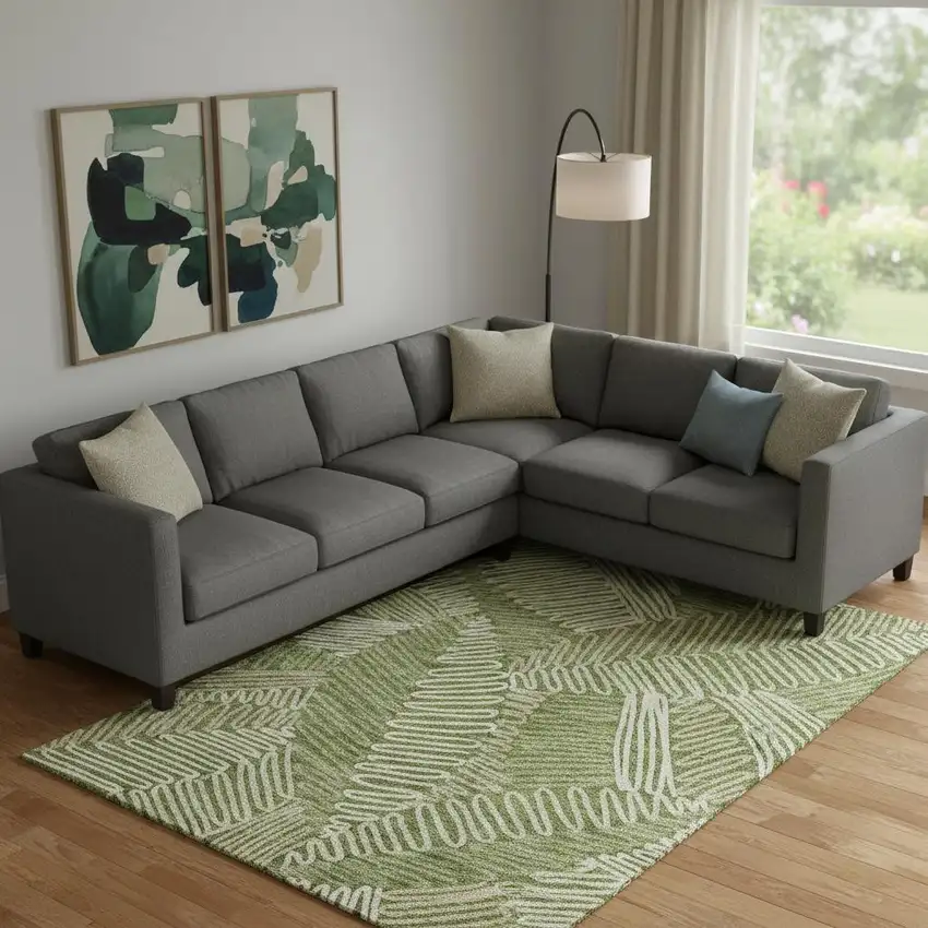 Olive Green Ivory And Beige Floral Washable Area Rug With UV Protection Photo 1