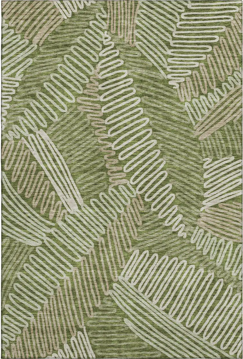 Olive Green Ivory And Beige Floral Washable Area Rug With UV Protection Photo 1