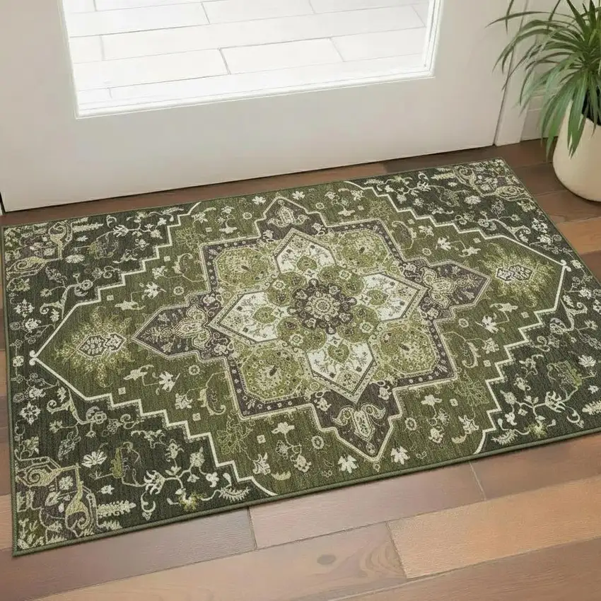Olive Green Ivory And Beige Oriental Washable Area Rug With UV Protection Photo 2
