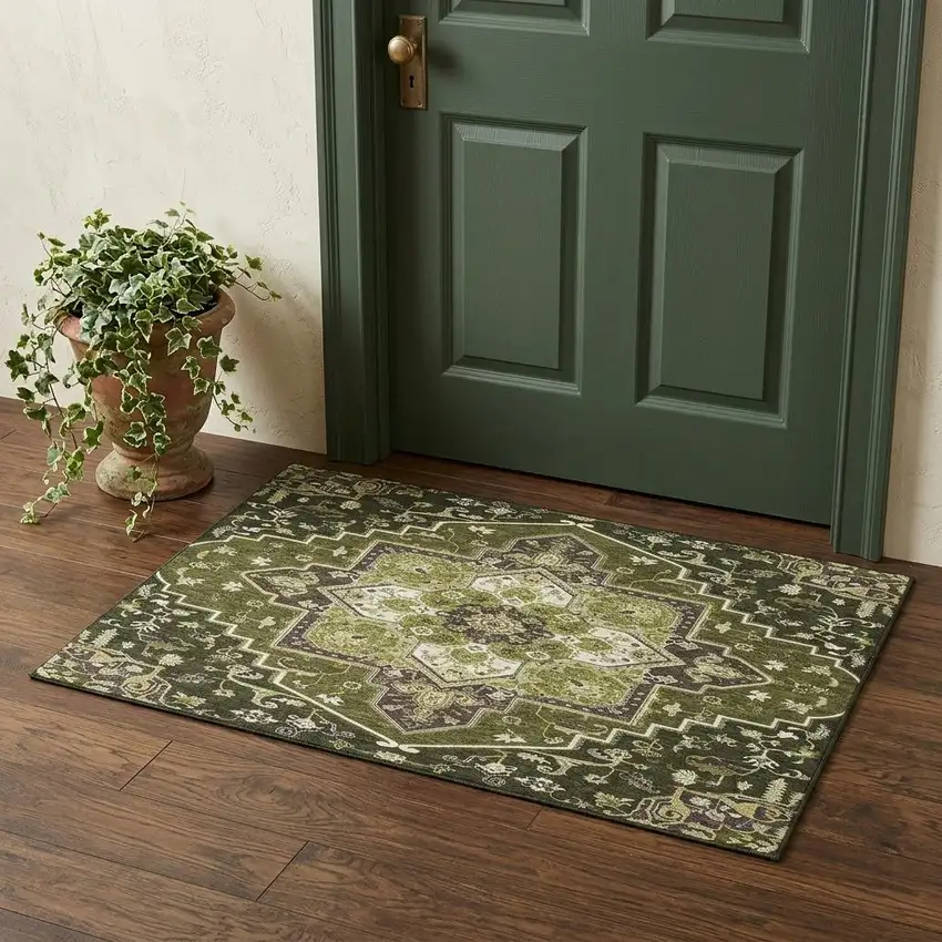 Olive Green Ivory And Beige Oriental Washable Area Rug With UV Protection Photo 1