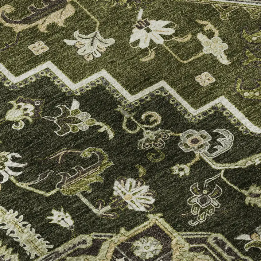 Olive Green Ivory And Beige Oriental Washable Area Rug With UV Protection Photo 9