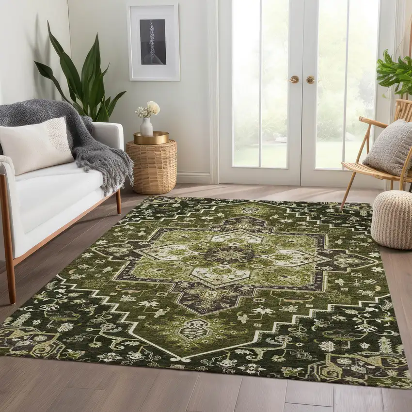 Olive Green Ivory And Beige Oriental Washable Area Rug With UV Protection Photo 5