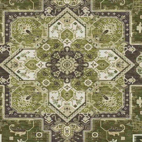 Olive Green Ivory And Beige Oriental Washable Area Rug With UV Protection Photo 2