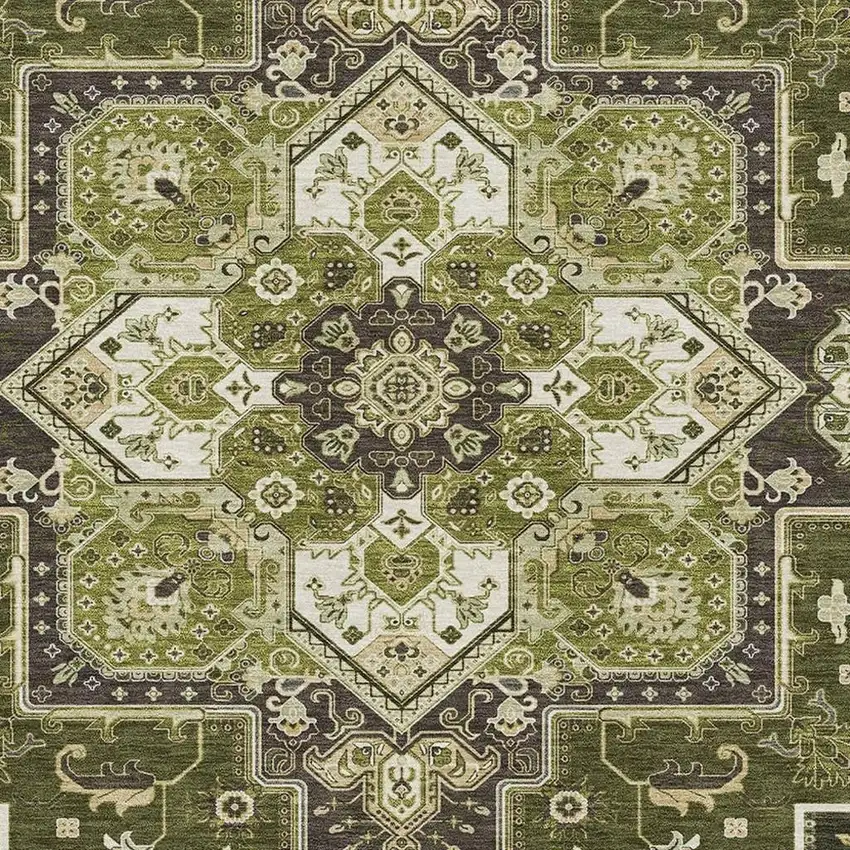 Olive Green Ivory And Beige Oriental Washable Area Rug With UV Protection Photo 2