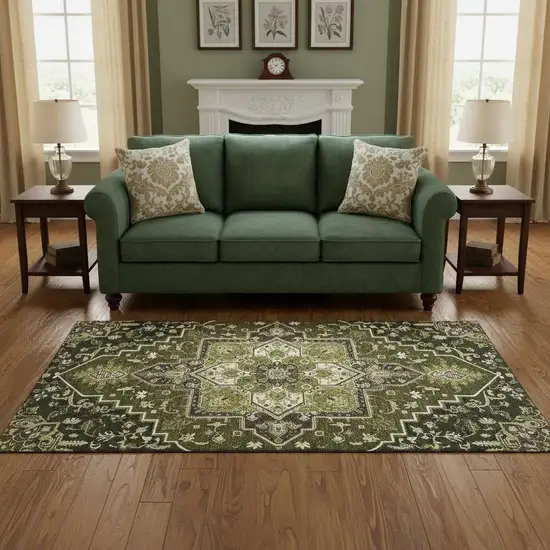 Olive Green Ivory And Beige Oriental Washable Area Rug With UV Protection Photo 2