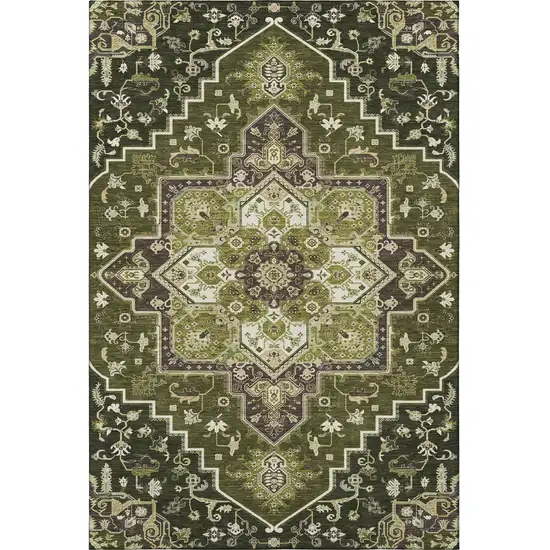 Olive Green Ivory And Beige Oriental Washable Area Rug With UV Protection Photo 3