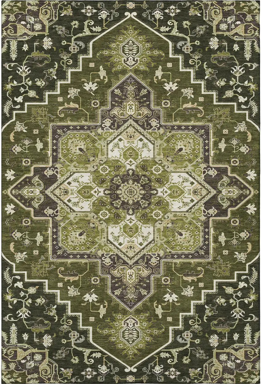 Olive Green Ivory And Beige Oriental Washable Area Rug With UV Protection Photo 3