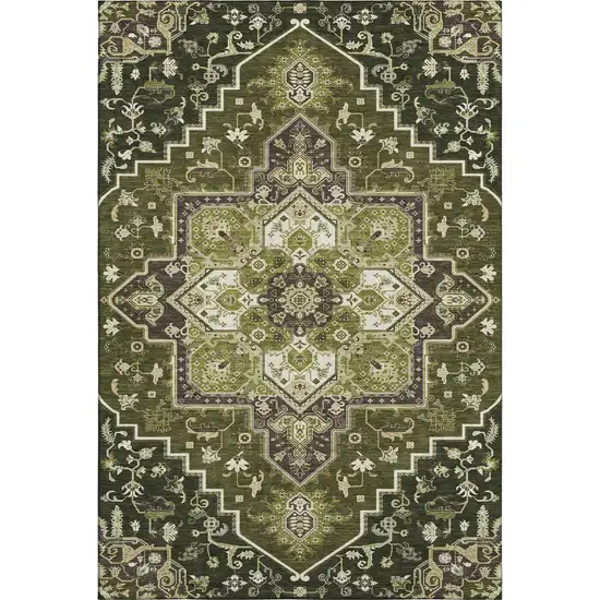 Olive Green Ivory And Beige Oriental Washable Area Rug With UV Protection Photo 1