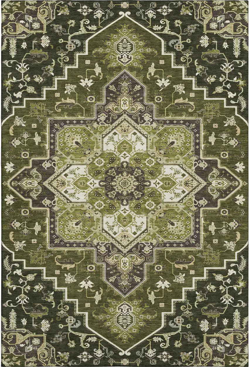 Olive Green Ivory And Beige Oriental Washable Area Rug With UV Protection Photo 1