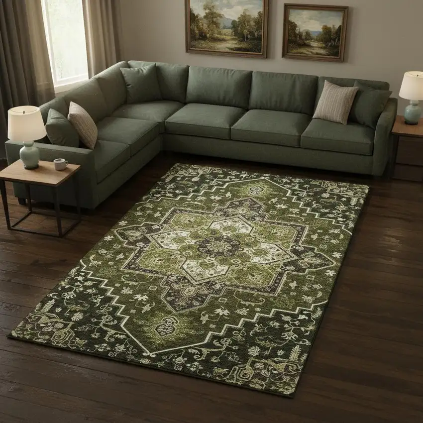 Olive Green Ivory And Beige Oriental Washable Area Rug With UV Protection Photo 2