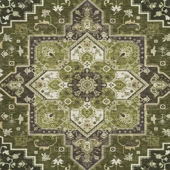 Olive Green Ivory And Beige Oriental Washable Area Rug With UV Protection Photo 3