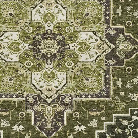 Olive Green Ivory And Beige Oriental Washable Area Rug With UV Protection Photo 2