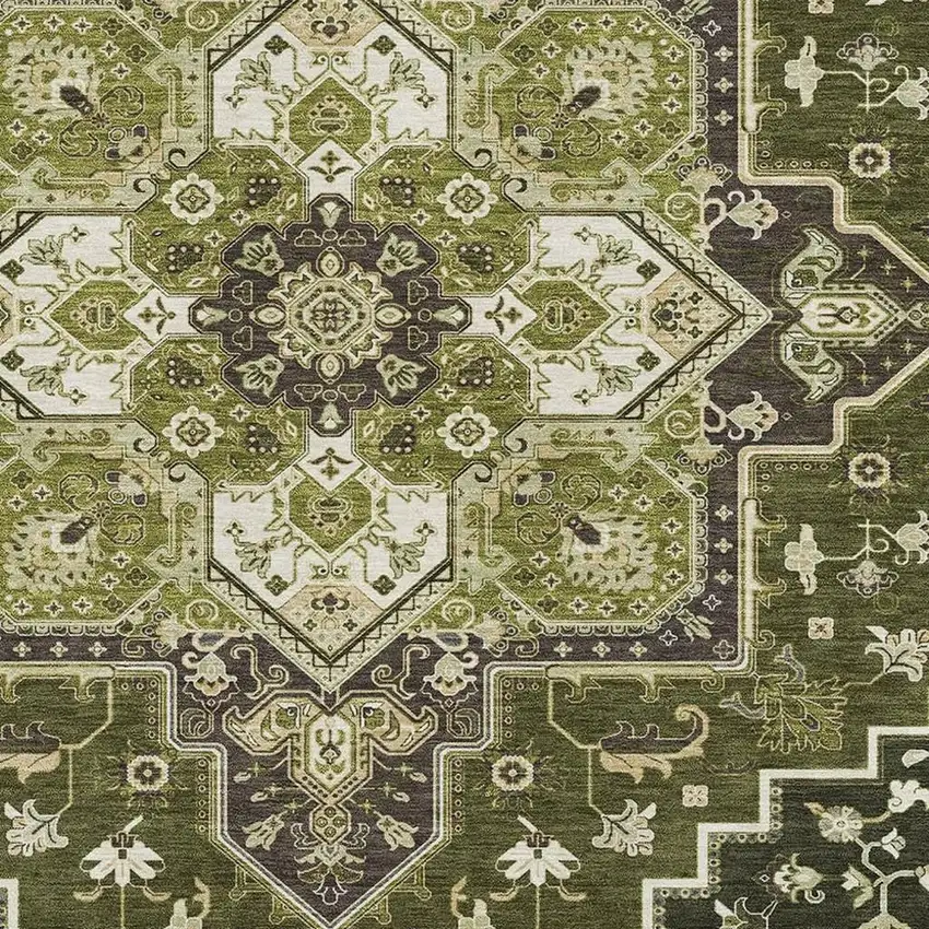 Olive Green Ivory And Beige Oriental Washable Area Rug With UV Protection Photo 2