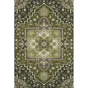 Photo of Olive Green Ivory And Beige Oriental Washable Area Rug With UV Protection