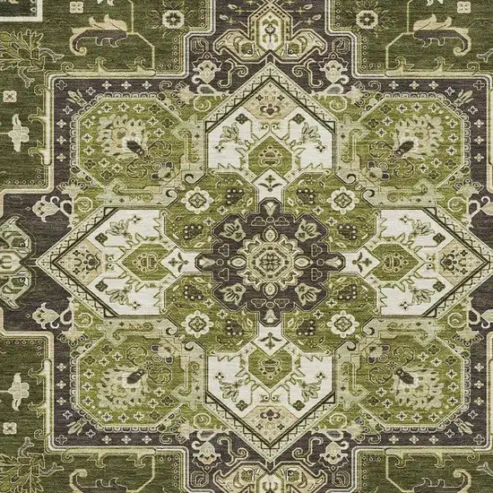 Olive Green Ivory And Beige Oriental Washable Area Rug With UV Protection Photo 2