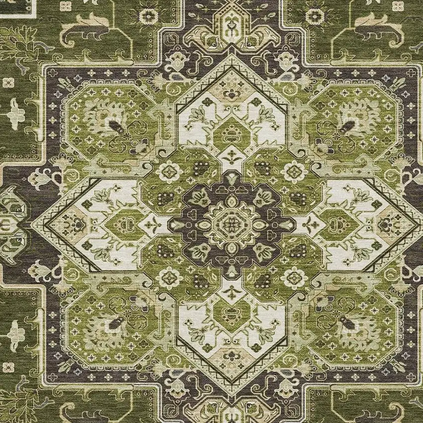 Olive Green Ivory And Beige Oriental Washable Area Rug With UV Protection Photo 2