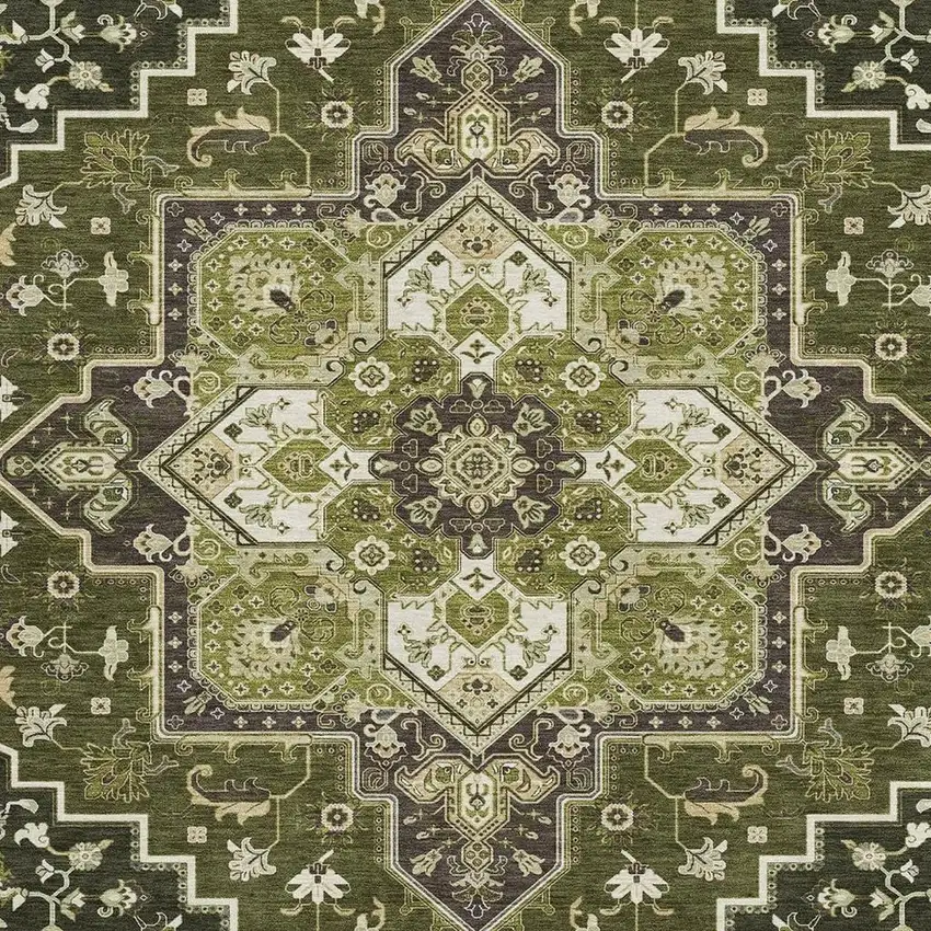 Olive Green Ivory And Beige Oriental Washable Area Rug With UV Protection Photo 3