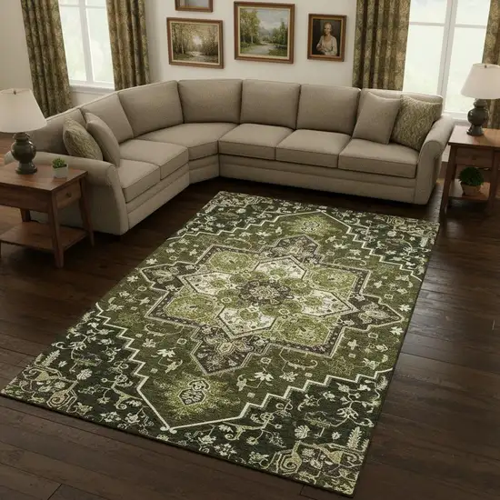 Olive Green Ivory And Beige Oriental Washable Area Rug With UV Protection Photo 2