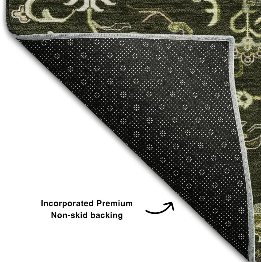 Olive Green Ivory And Beige Oriental Washable Area Rug With UV Protection Photo 6