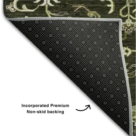 Olive Green Ivory And Beige Oriental Washable Area Rug With UV Protection Photo 6