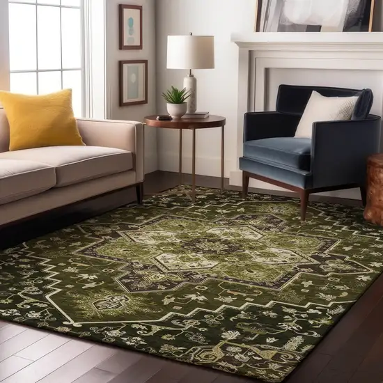 Olive Green Ivory And Beige Oriental Washable Area Rug With UV Protection Photo 4