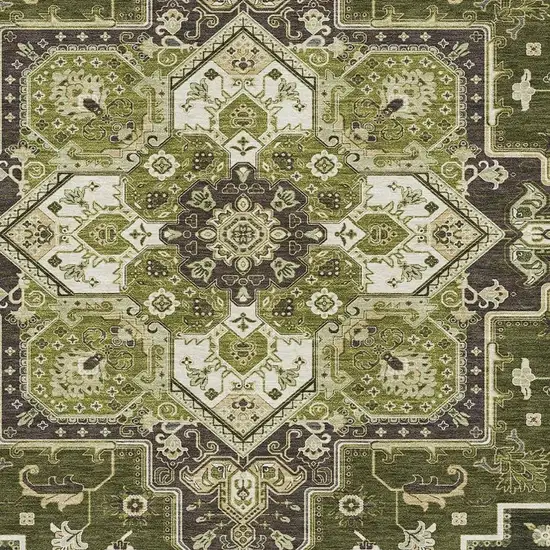 Olive Green Ivory And Beige Oriental Washable Area Rug With UV Protection Photo 2