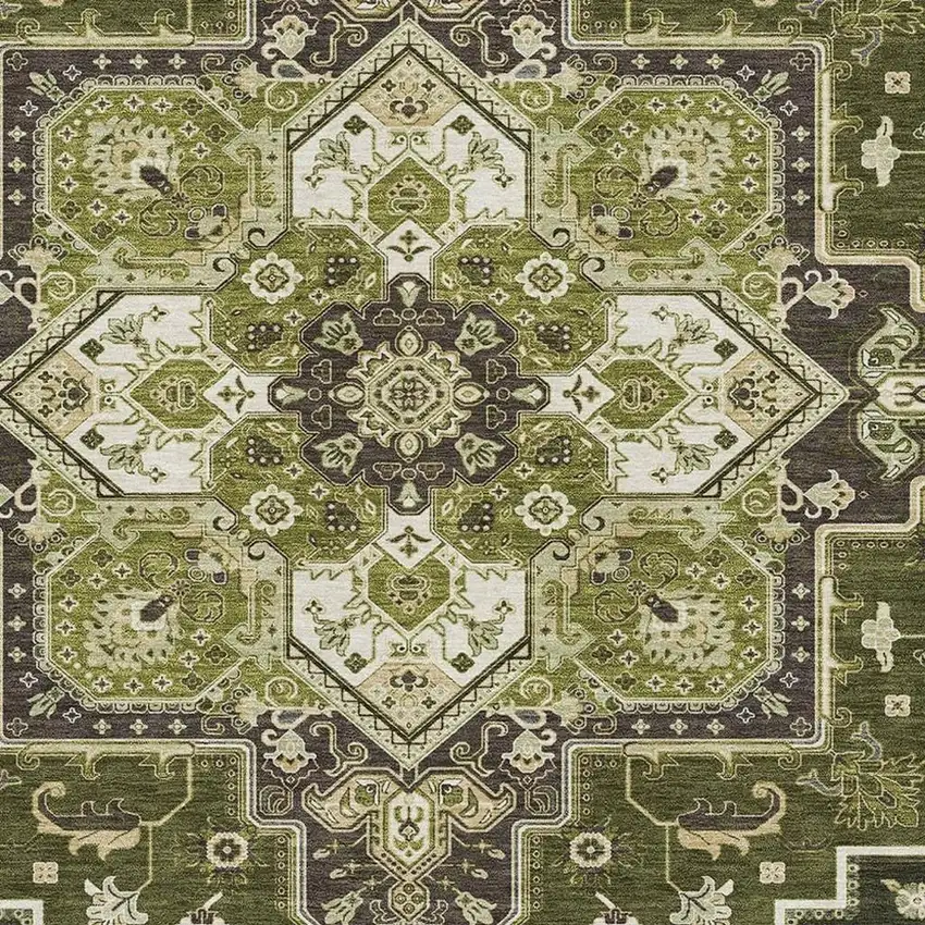 Olive Green Ivory And Beige Oriental Washable Area Rug With UV Protection Photo 2