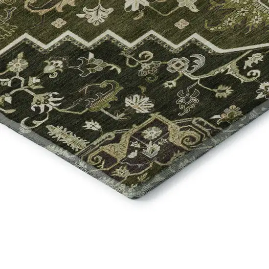 Olive Green Ivory And Beige Oriental Washable Area Rug With UV Protection Photo 7