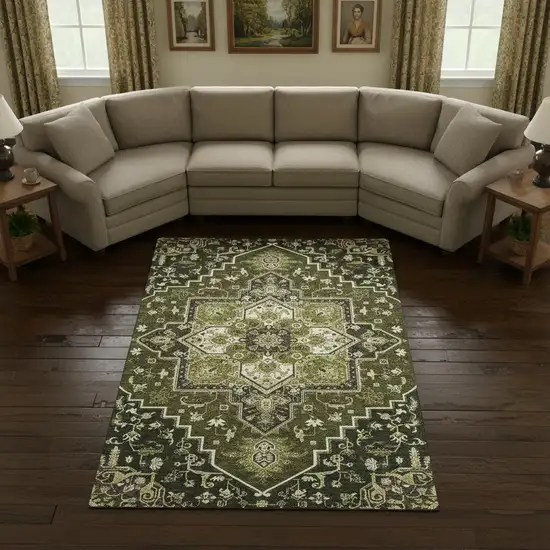 Olive Green Ivory And Beige Oriental Washable Area Rug With UV Protection Photo 2