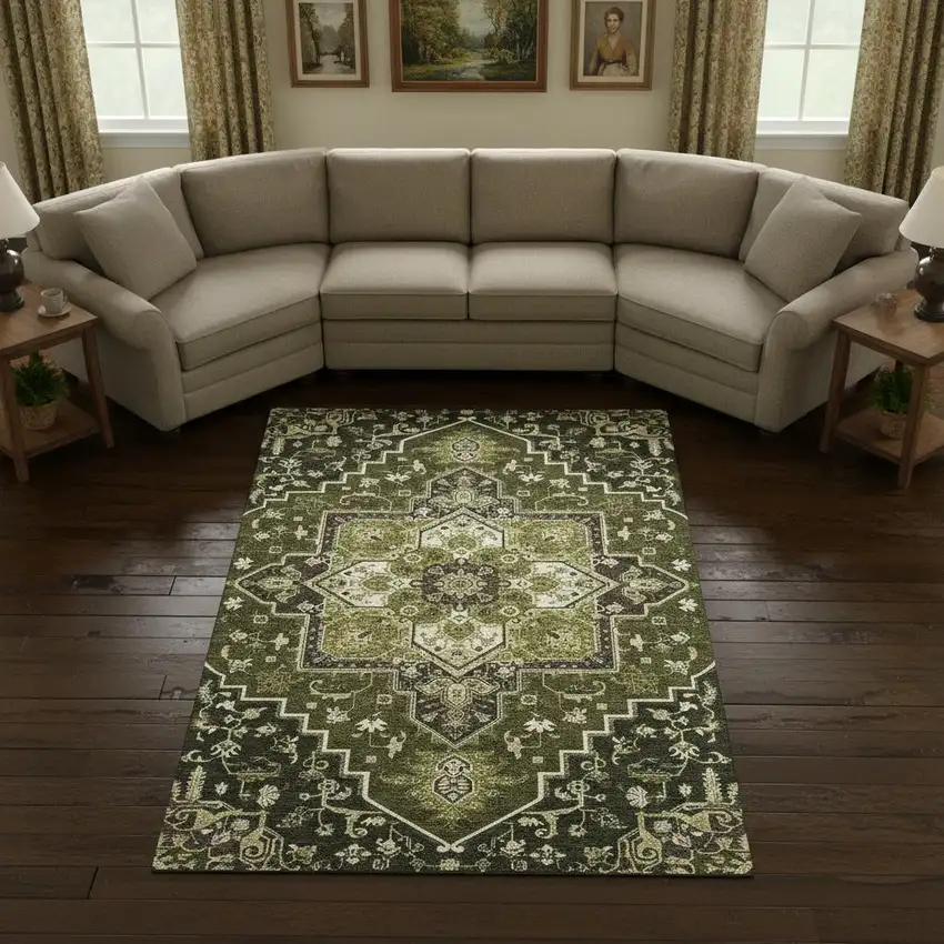 Olive Green Ivory And Beige Oriental Washable Area Rug With UV Protection Photo 2