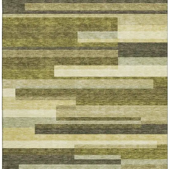 Olive Green Ivory And Beige Striped Washable Area Rug With UV Protection Photo 3