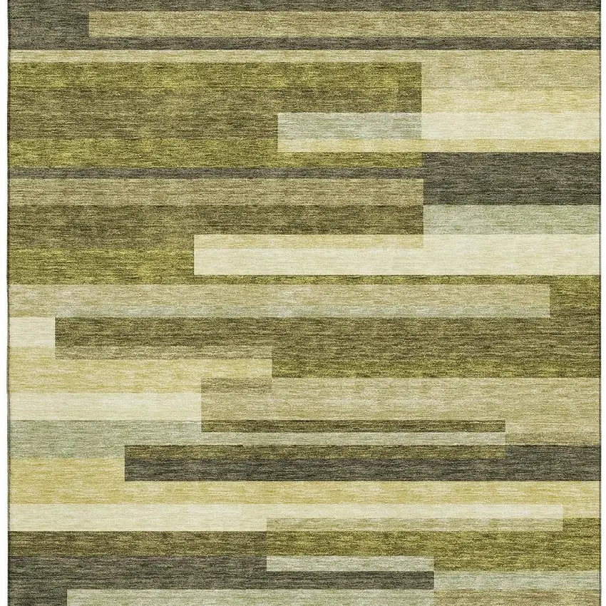 Olive Green Ivory And Beige Striped Washable Area Rug With UV Protection Photo 3