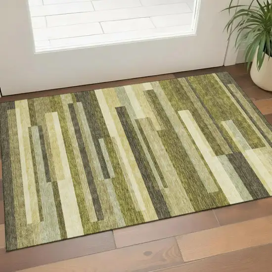 Olive Green Ivory And Beige Striped Washable Area Rug With UV Protection Photo 1