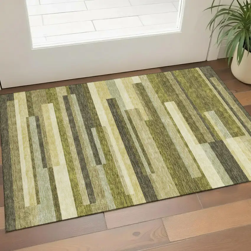 Olive Green Ivory And Beige Striped Washable Area Rug With UV Protection Photo 1