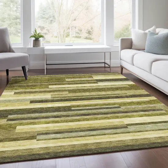 Olive Green Ivory And Beige Striped Washable Area Rug With UV Protection Photo 5