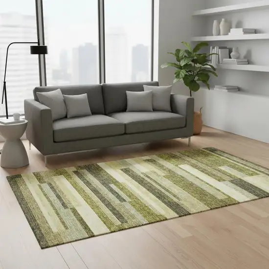 Olive Green Ivory And Beige Striped Washable Area Rug With UV Protection Photo 2