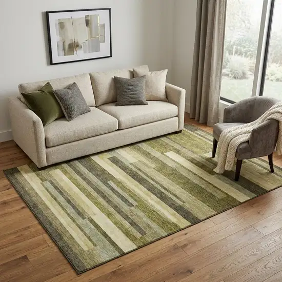 Olive Green Ivory And Beige Striped Washable Area Rug With UV Protection Photo 1