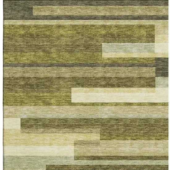 Olive Green Ivory And Beige Striped Washable Area Rug With UV Protection Photo 2