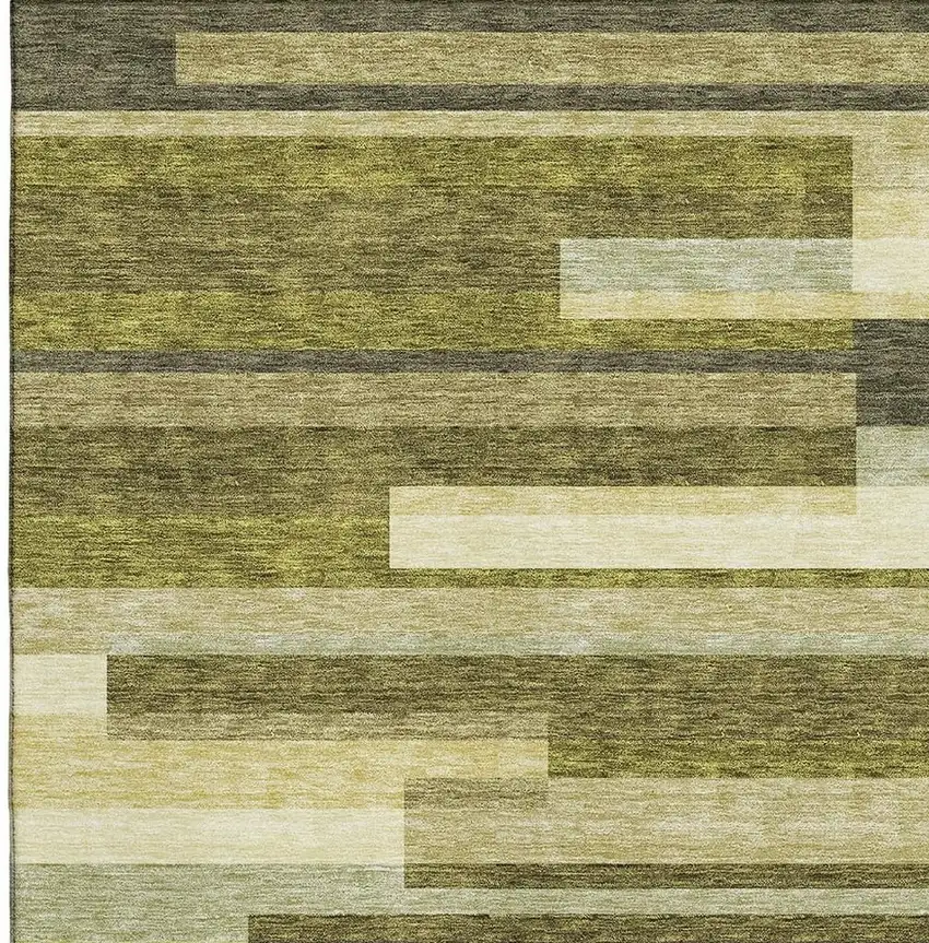 Olive Green Ivory And Beige Striped Washable Area Rug With UV Protection Photo 2