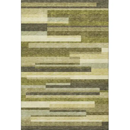 Olive Green Ivory And Beige Striped Washable Area Rug With UV Protection Photo 3