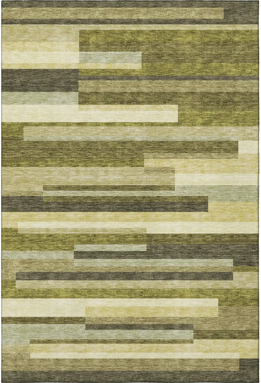 Olive Green Ivory And Beige Striped Washable Area Rug With UV Protection Photo 3