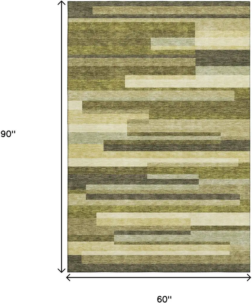 Olive Green Ivory And Beige Striped Washable Area Rug With UV Protection Photo 8