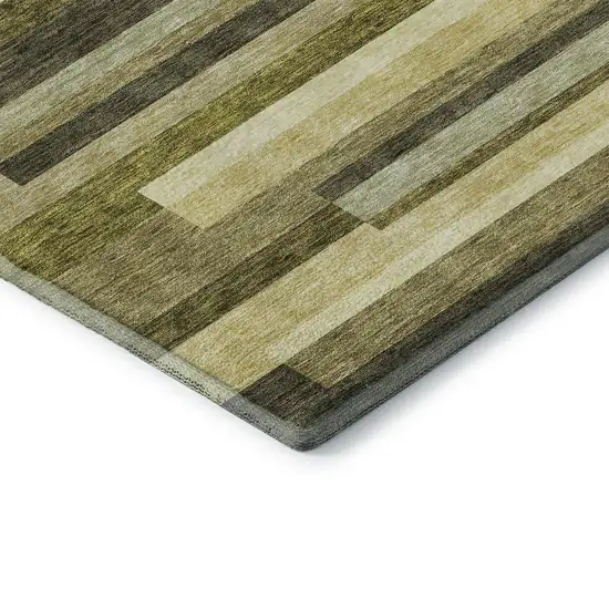 Olive Green Ivory And Beige Striped Washable Area Rug With UV Protection Photo 7