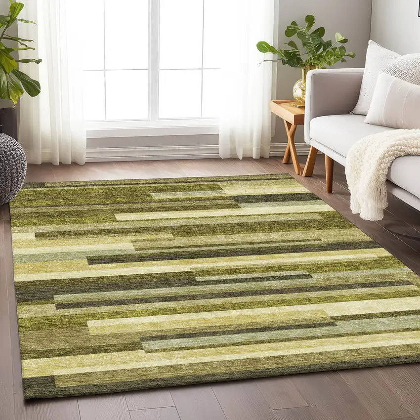 Olive Green Ivory And Beige Striped Washable Area Rug With UV Protection Photo 4